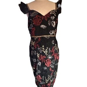 LULUs Sequined and Embroidered Dress Black with Red and Gold